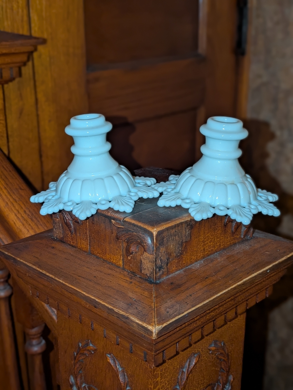 Set of 2 Vintage Westmoreland Ring And Petal Candle Holder Pair White Milk Glass